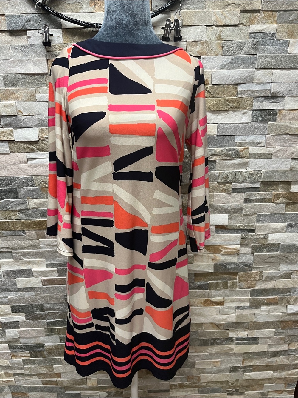 Dress Barn Beige Shift Dress with Pink, Coral & Black Abstract Print